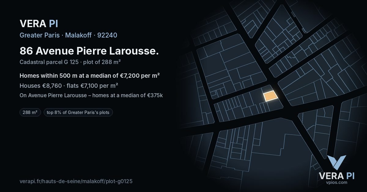 86 Avenue Pierre Larousse, Malakoff at night – the plot lit, the parcels around coloured by the prices near them