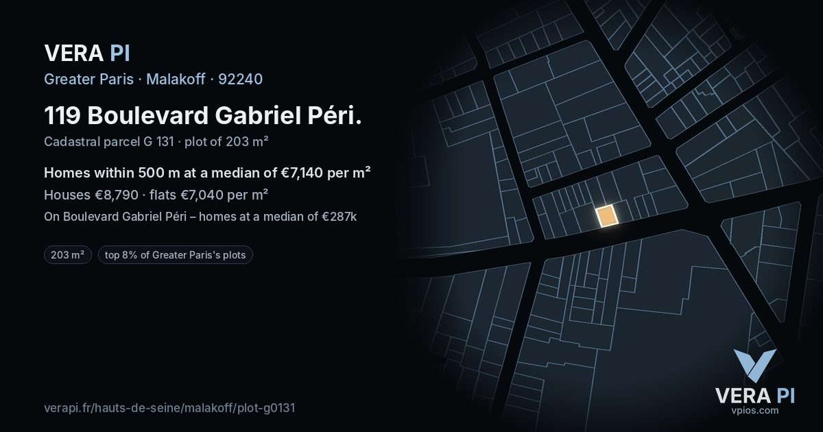 119 Boulevard Gabriel Péri, Malakoff at night – the plot lit, the parcels around coloured by the prices near them