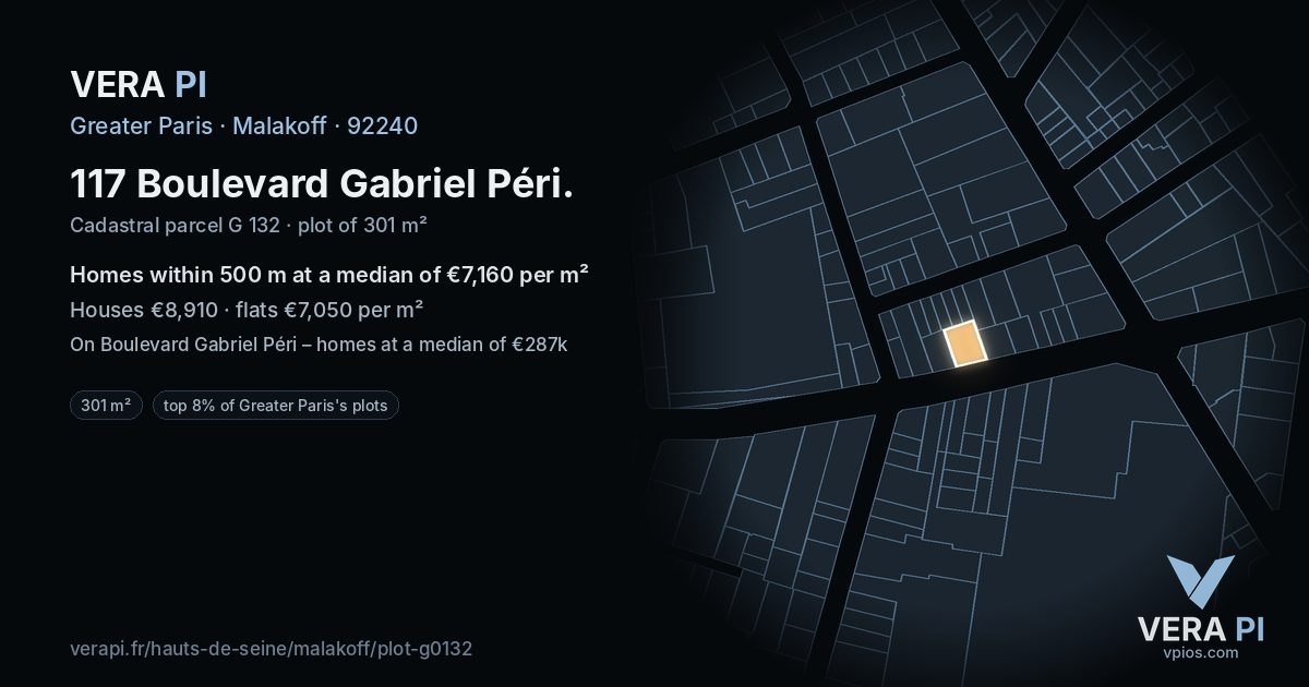 117 Boulevard Gabriel Péri, Malakoff at night – the plot lit, the parcels around coloured by the prices near them
