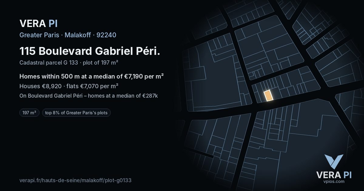115 Boulevard Gabriel Péri, Malakoff at night – the plot lit, the parcels around coloured by the prices near them