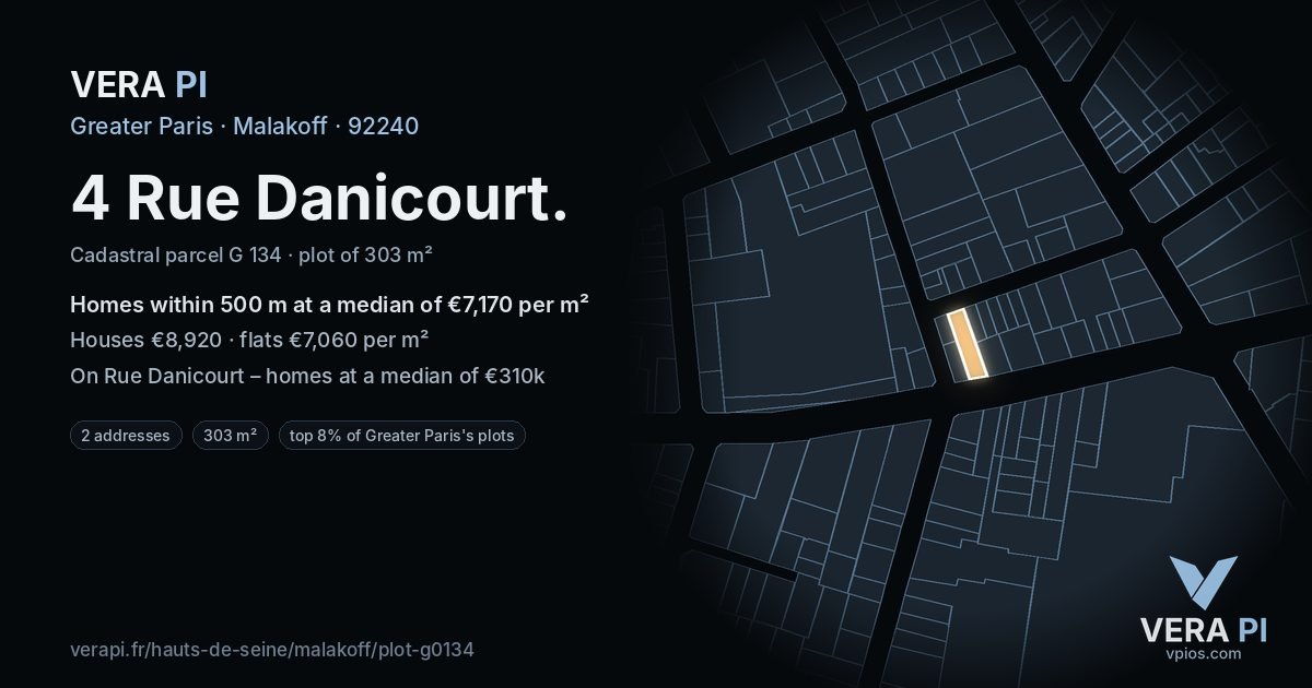 4 Rue Danicourt, Malakoff at night – the plot lit, the parcels around coloured by the prices near them
