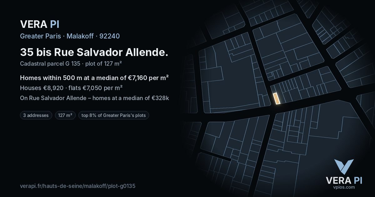35 bis Rue Salvador Allende, Malakoff at night – the plot lit, the parcels around coloured by the prices near them