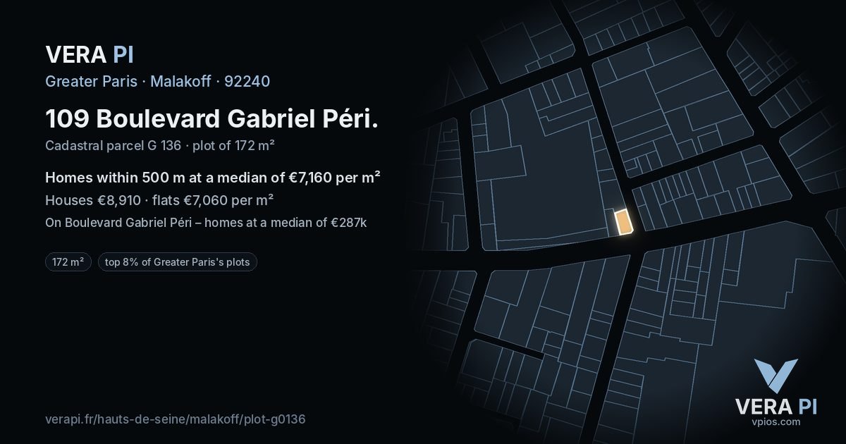 109 Boulevard Gabriel Péri, Malakoff at night – the plot lit, the parcels around coloured by the prices near them