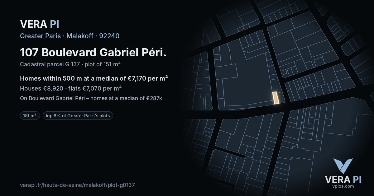 107 Boulevard Gabriel Péri, Malakoff at night – the plot lit, the parcels around coloured by the prices near them