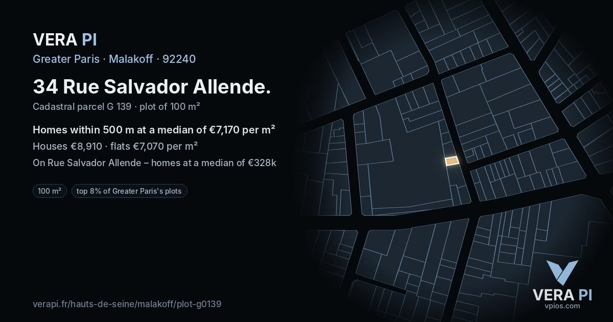 34 Rue Salvador Allende, Malakoff at night – the plot lit, the parcels around coloured by the prices near them