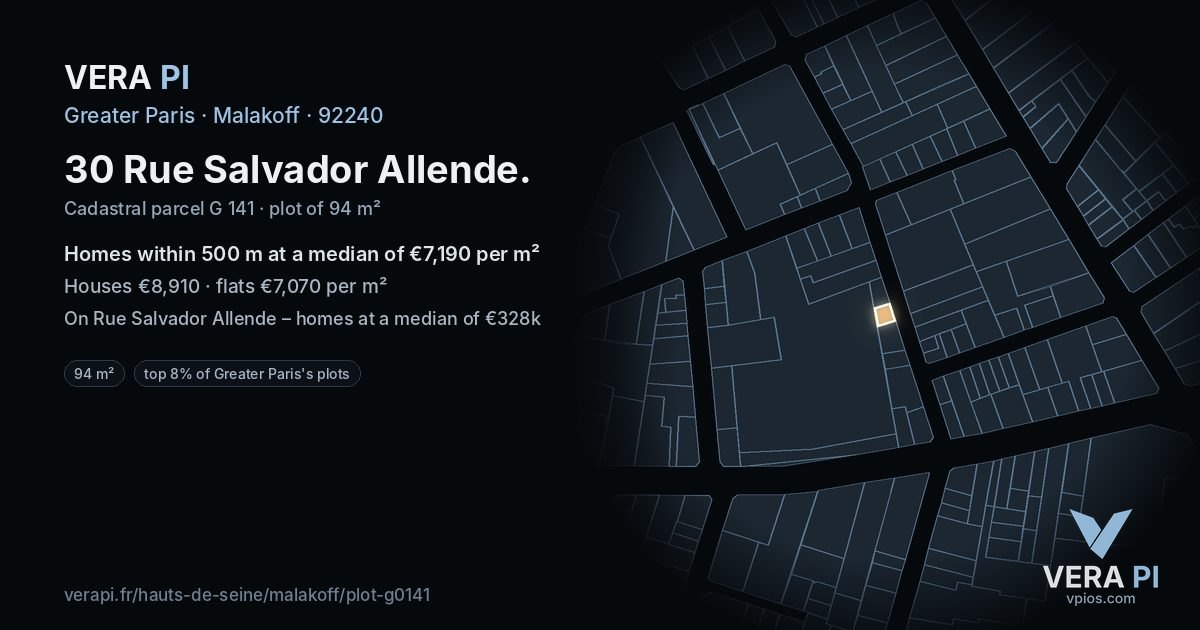 30 Rue Salvador Allende, Malakoff at night – the plot lit, the parcels around coloured by the prices near them