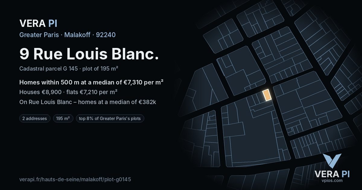 9 Rue Louis Blanc, Malakoff at night – the plot lit, the parcels around coloured by the prices near them