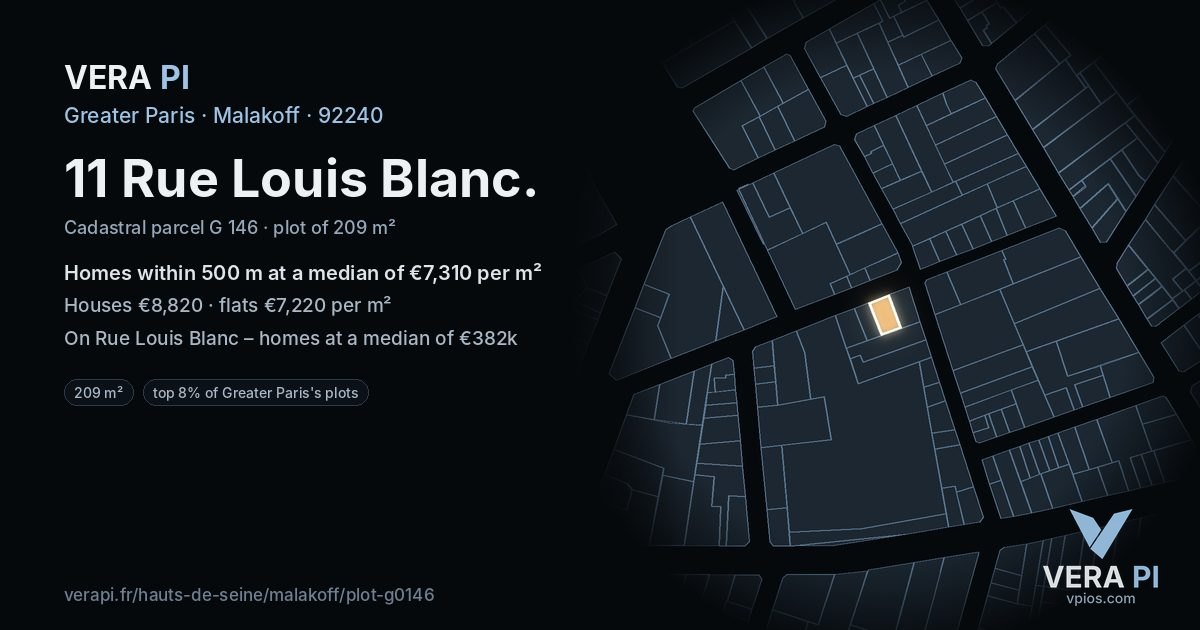 11 Rue Louis Blanc, Malakoff at night – the plot lit, the parcels around coloured by the prices near them