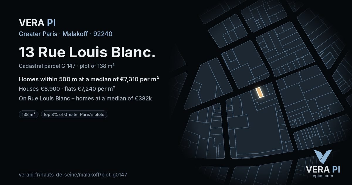 13 Rue Louis Blanc, Malakoff at night – the plot lit, the parcels around coloured by the prices near them