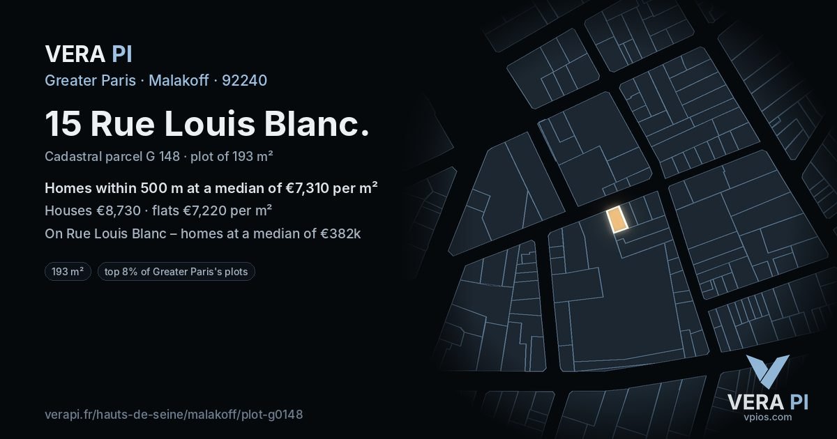 15 Rue Louis Blanc, Malakoff at night – the plot lit, the parcels around coloured by the prices near them
