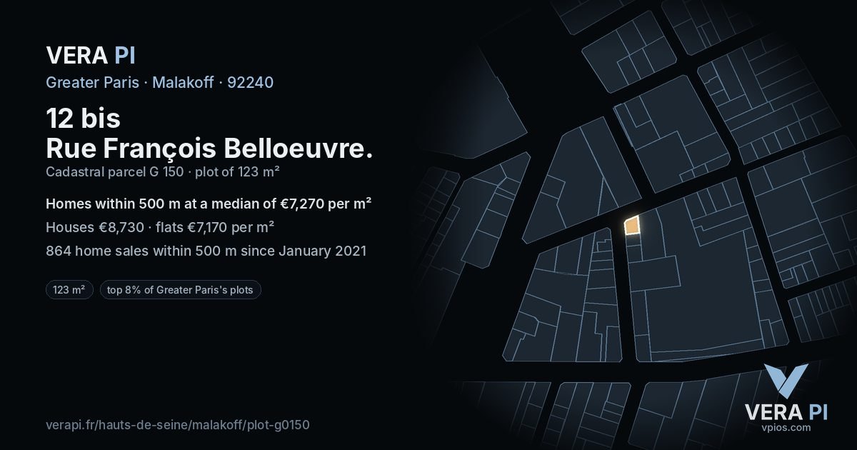 12 bis Rue François Belloeuvre, Malakoff at night – the plot lit, the parcels around coloured by the prices near them