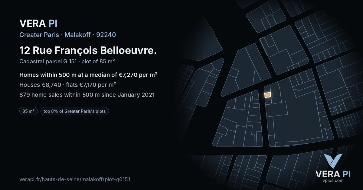 12 Rue François Belloeuvre, Malakoff at night – the plot lit, the parcels around coloured by the prices near them