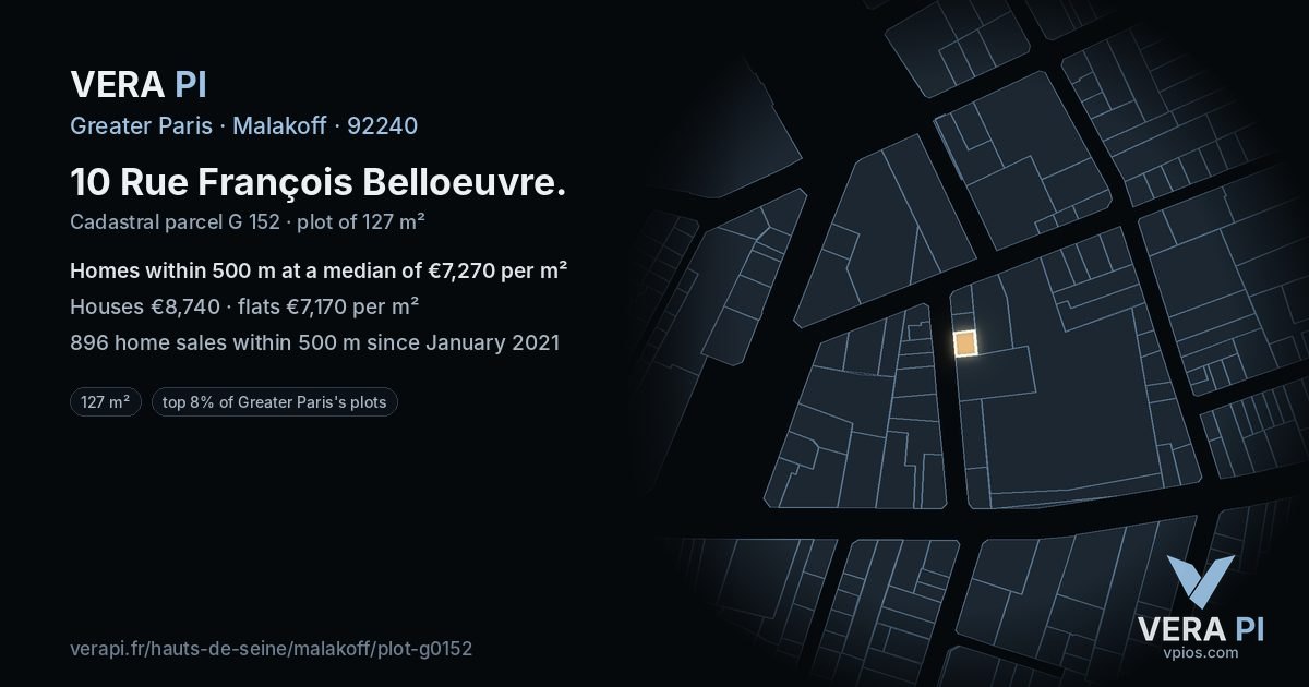 10 Rue François Belloeuvre, Malakoff at night – the plot lit, the parcels around coloured by the prices near them