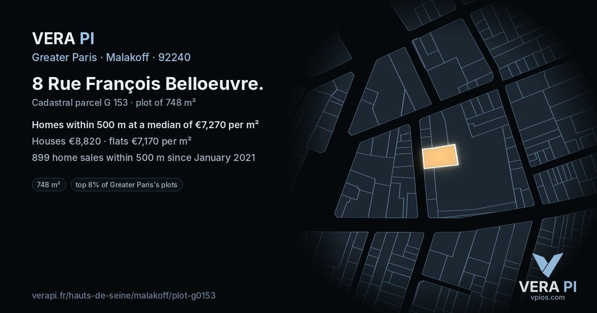 8 Rue François Belloeuvre, Malakoff at night – the plot lit, the parcels around coloured by the prices near them