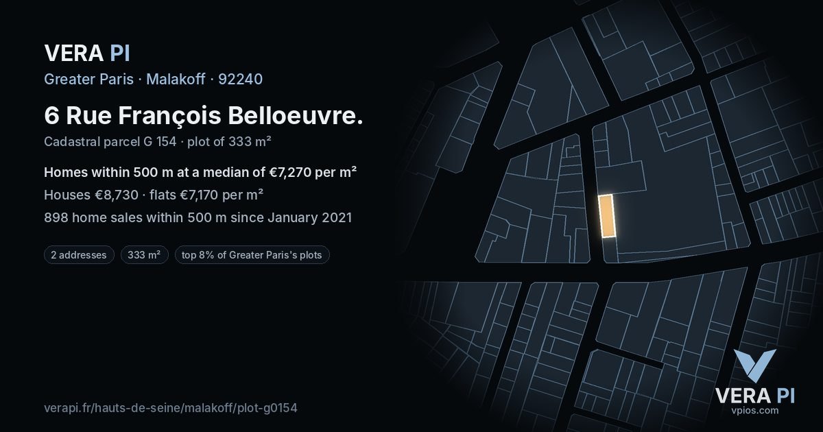 6 Rue François Belloeuvre, Malakoff at night – the plot lit, the parcels around coloured by the prices near them