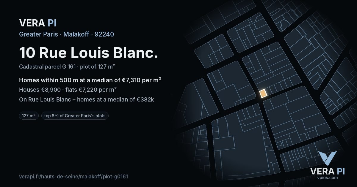 10 Rue Louis Blanc, Malakoff at night – the plot lit, the parcels around coloured by the prices near them