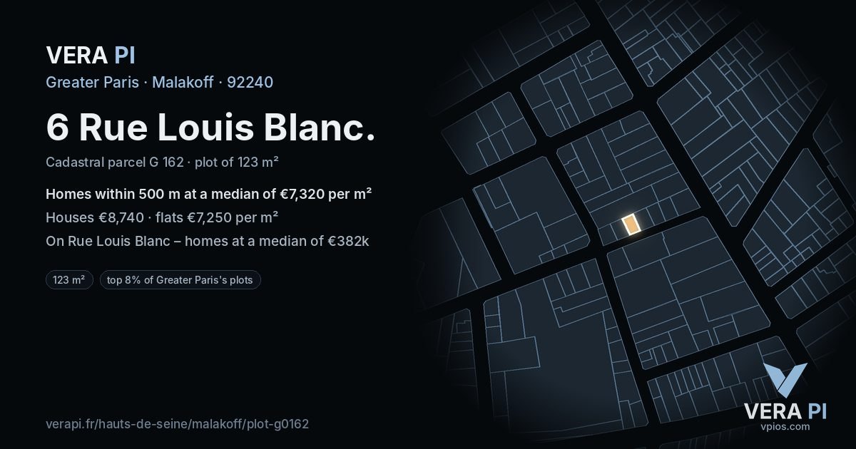 6 Rue Louis Blanc, Malakoff at night – the plot lit, the parcels around coloured by the prices near them