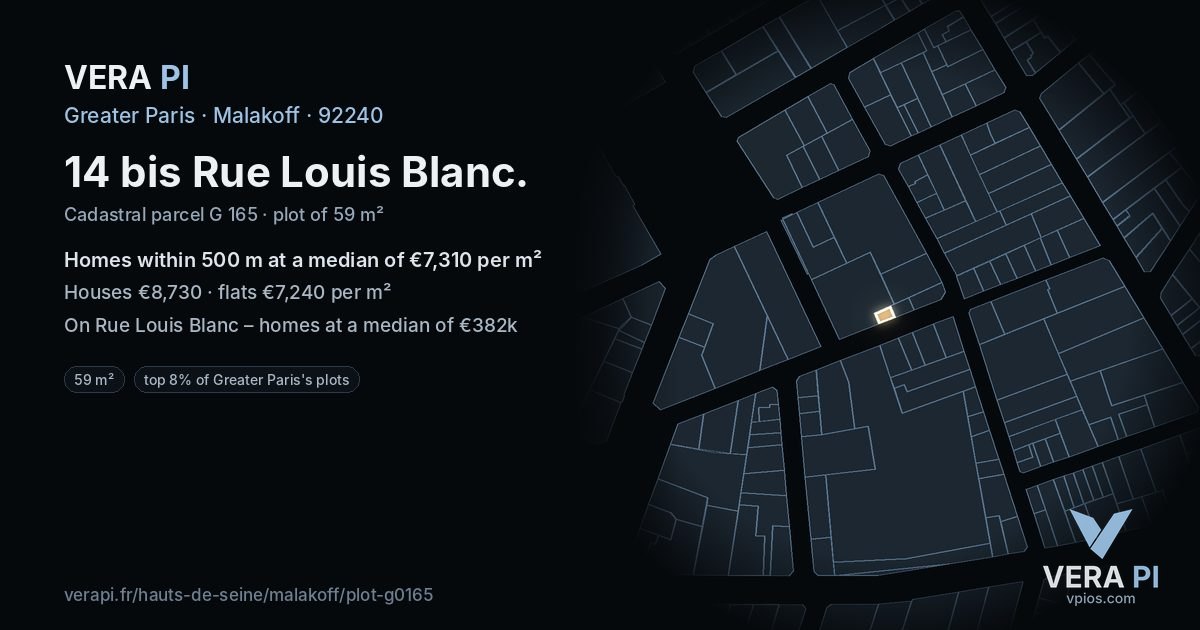 14 bis Rue Louis Blanc, Malakoff at night – the plot lit, the parcels around coloured by the prices near them