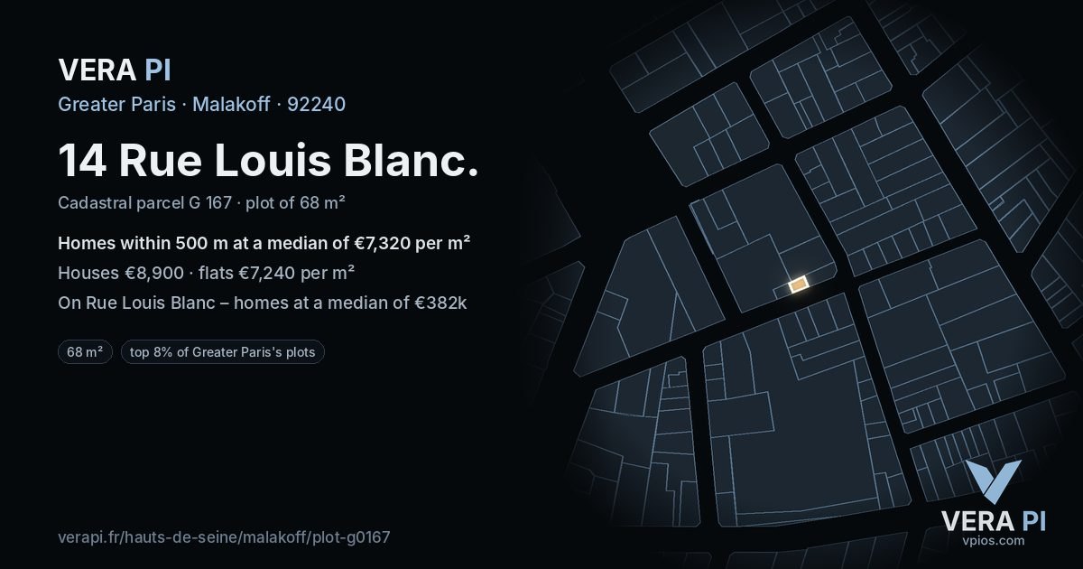 14 Rue Louis Blanc, Malakoff at night – the plot lit, the parcels around coloured by the prices near them
