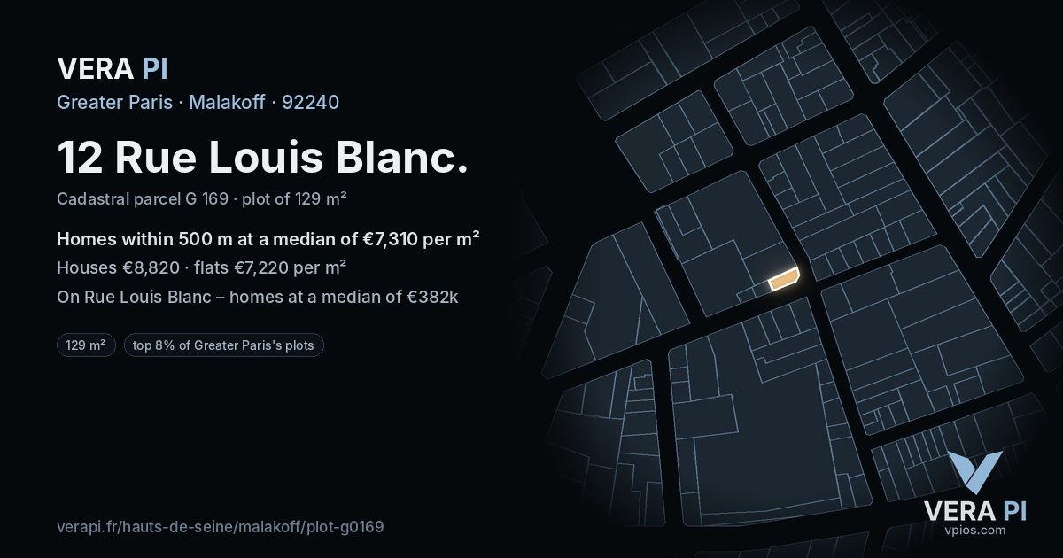 12 Rue Louis Blanc, Malakoff at night – the plot lit, the parcels around coloured by the prices near them
