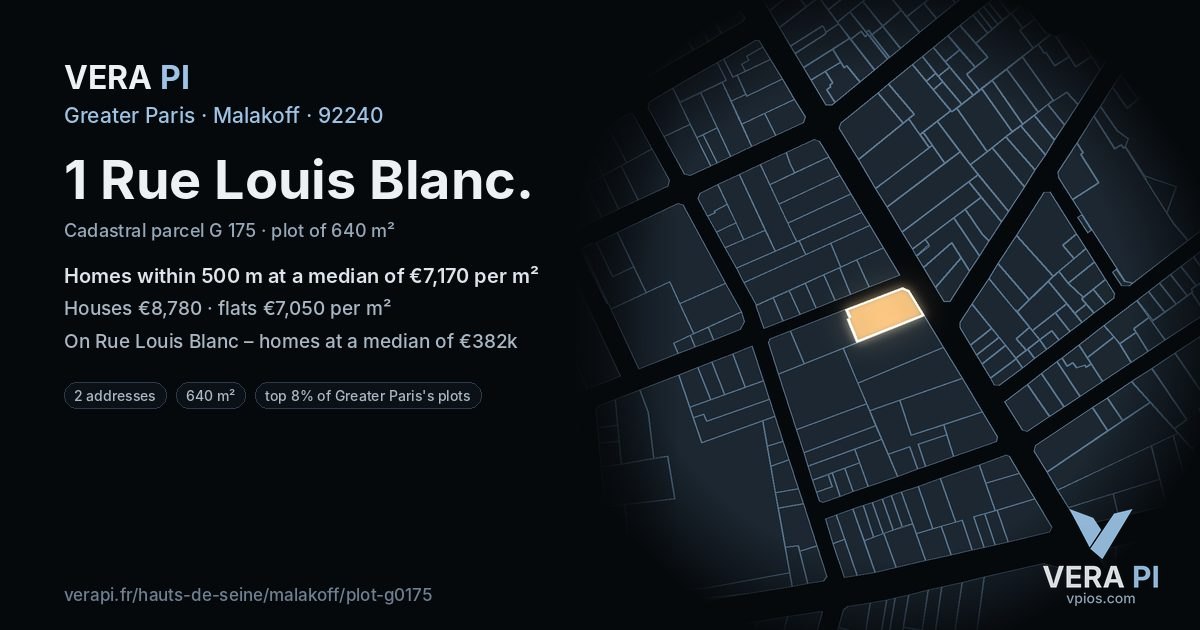 1 Rue Louis Blanc, Malakoff at night – the plot lit, the parcels around coloured by the prices near them