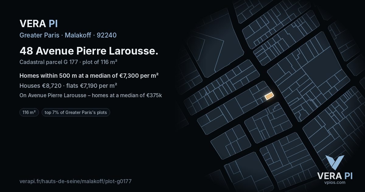 48 Avenue Pierre Larousse, Malakoff at night – the plot lit, the parcels around coloured by the prices near them