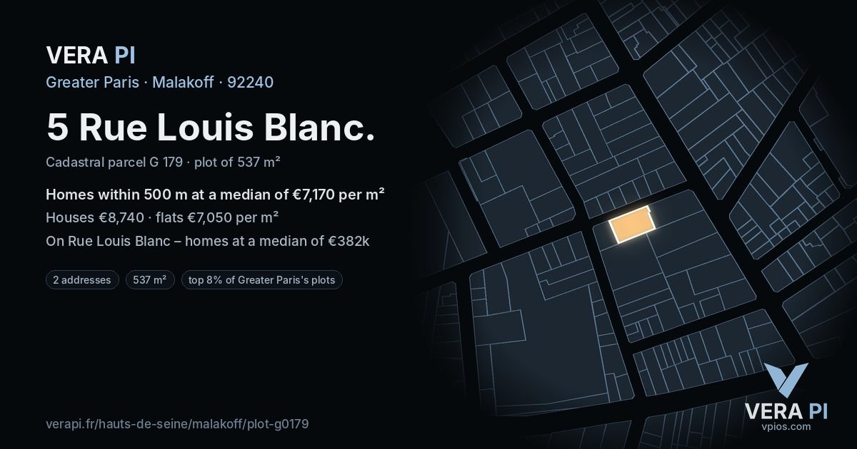5 Rue Louis Blanc, Malakoff at night – the plot lit, the parcels around coloured by the prices near them