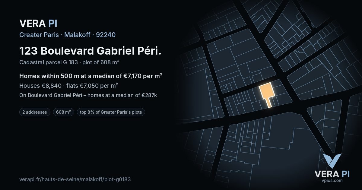 123 Boulevard Gabriel Péri, Malakoff at night – the plot lit, the parcels around coloured by the prices near them