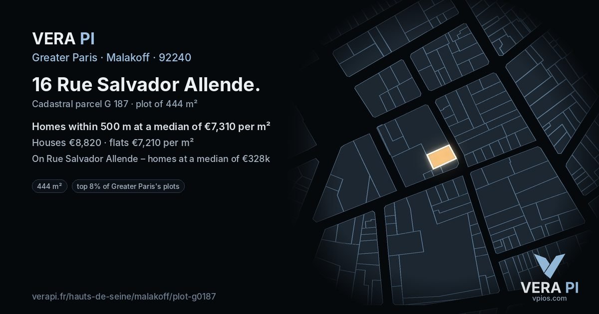 16 Rue Salvador Allende, Malakoff at night – the plot lit, the parcels around coloured by the prices near them