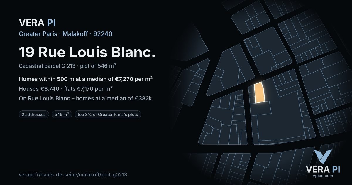 19 Rue Louis Blanc, Malakoff at night – the plot lit, the parcels around coloured by the prices near them