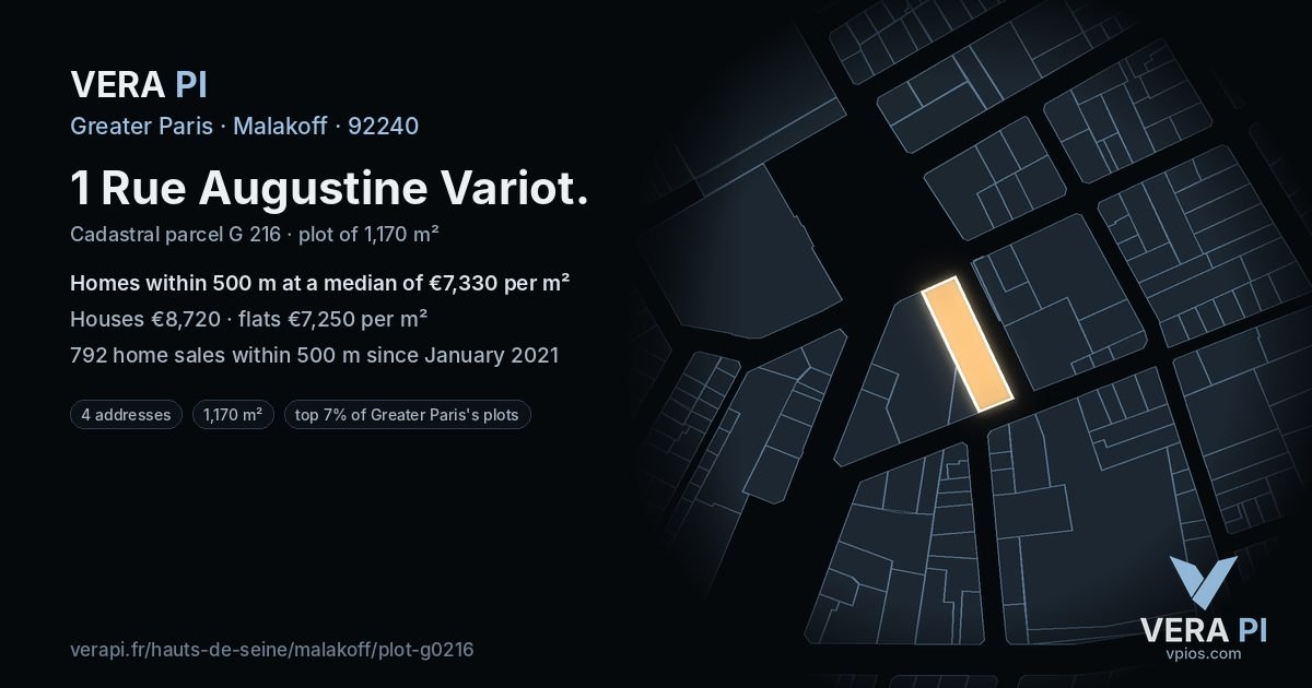 1 Rue Augustine Variot, Malakoff at night – the plot lit, the parcels around coloured by the prices near them
