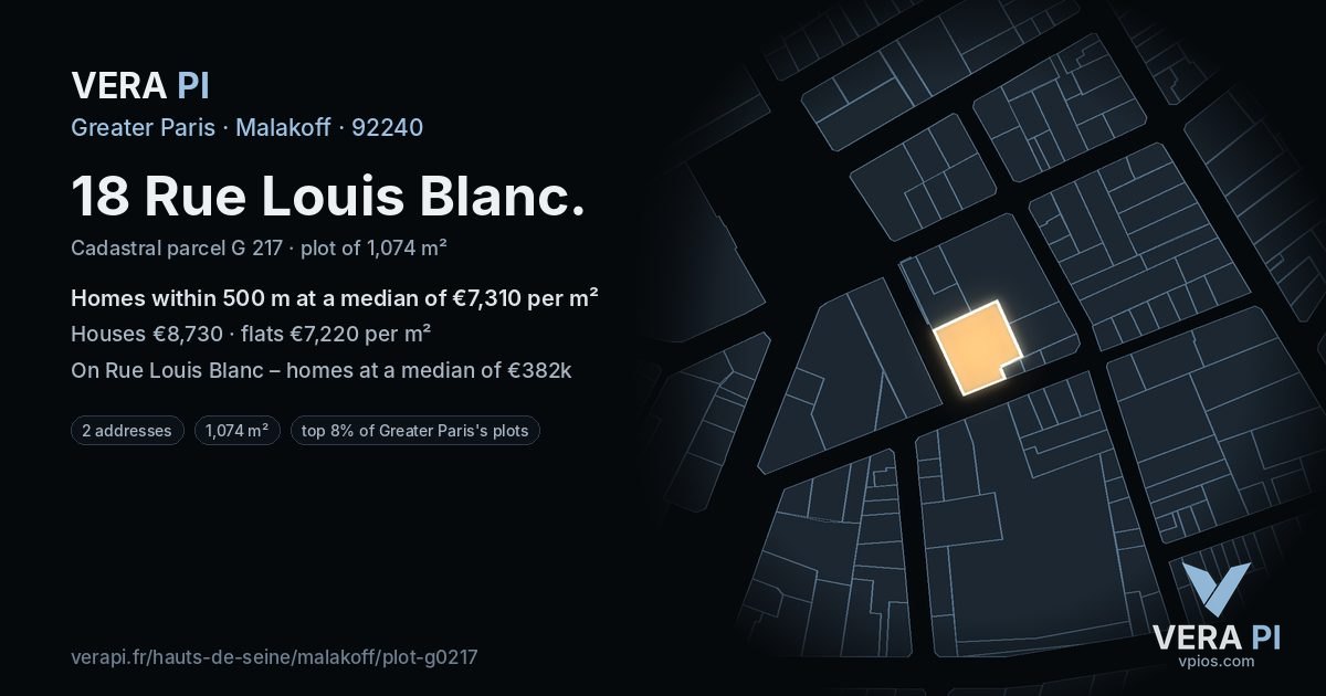 18 Rue Louis Blanc, Malakoff at night – the plot lit, the parcels around coloured by the prices near them