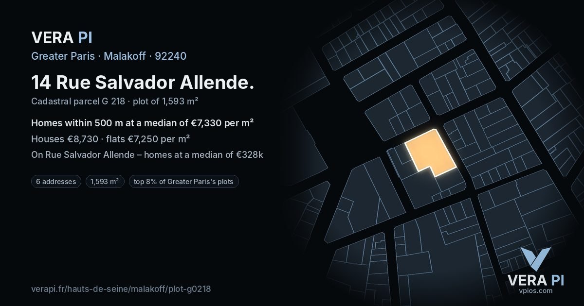 14 Rue Salvador Allende, Malakoff at night – the plot lit, the parcels around coloured by the prices near them