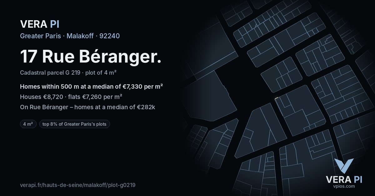 17 Rue Béranger, Malakoff at night – the plot lit, the parcels around coloured by the prices near them