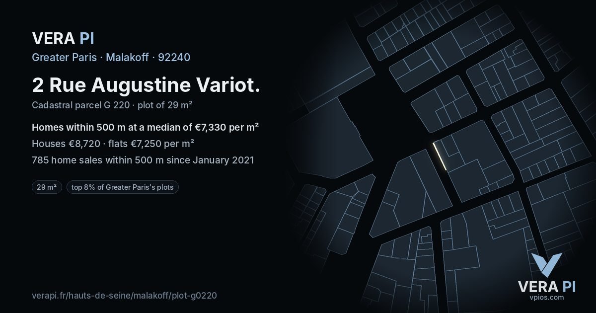 2 Rue Augustine Variot, Malakoff at night – the plot lit, the parcels around coloured by the prices near them