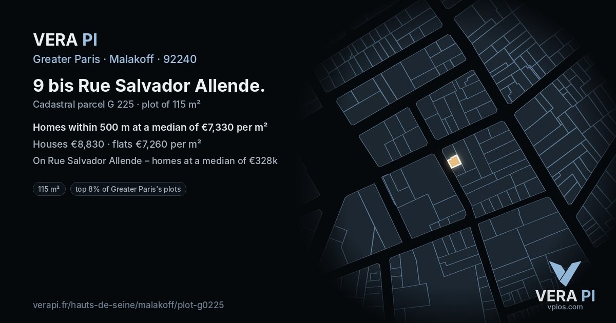 9 bis Rue Salvador Allende, Malakoff at night – the plot lit, the parcels around coloured by the prices near them