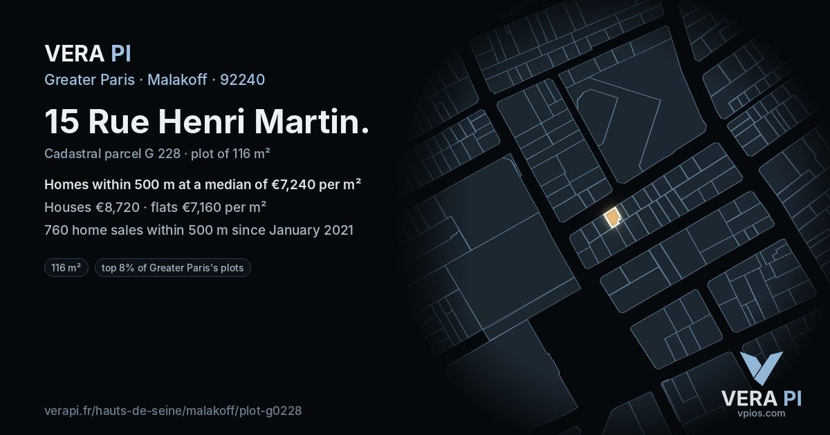 15 Rue Henri Martin, Malakoff at night – the plot lit, the parcels around coloured by the prices near them
