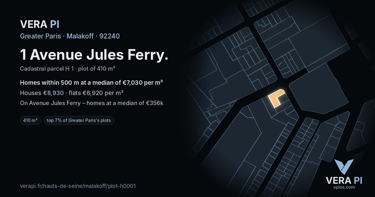 1 Avenue Jules Ferry, Malakoff at night – the plot lit, the parcels around coloured by the prices near them