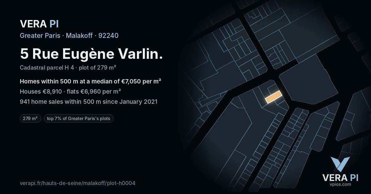 5 Rue Eugène Varlin, Malakoff at night – the plot lit, the parcels around coloured by the prices near them