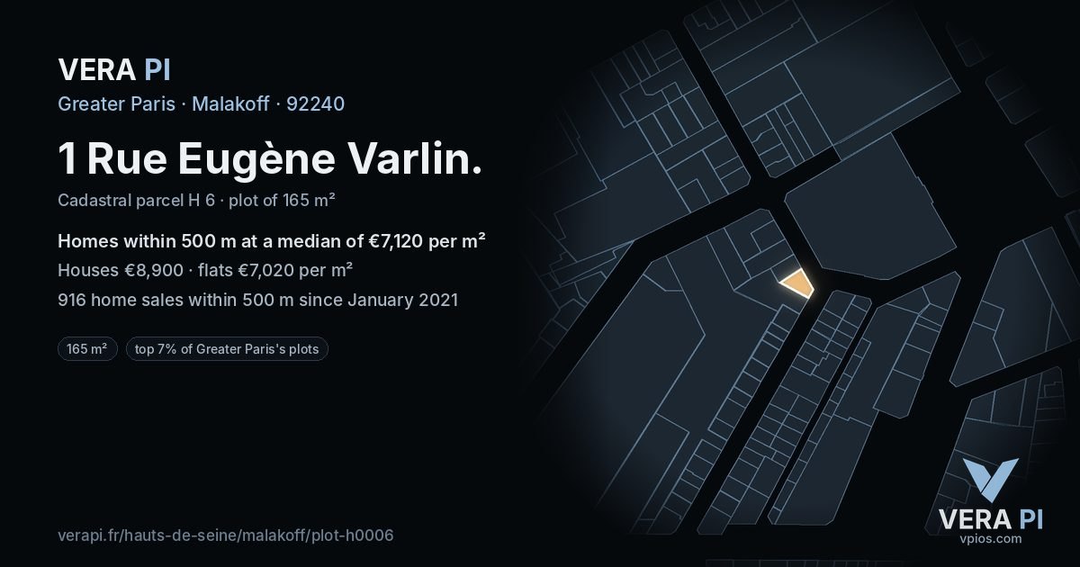 1 Rue Eugène Varlin, Malakoff at night – the plot lit, the parcels around coloured by the prices near them