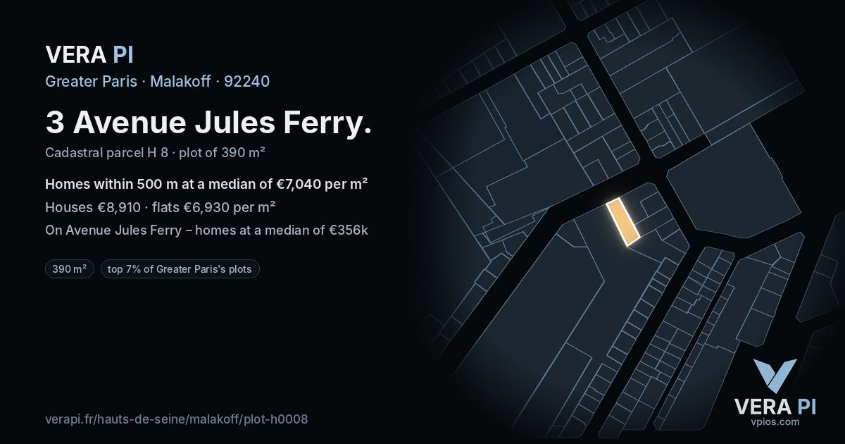 3 Avenue Jules Ferry, Malakoff at night – the plot lit, the parcels around coloured by the prices near them