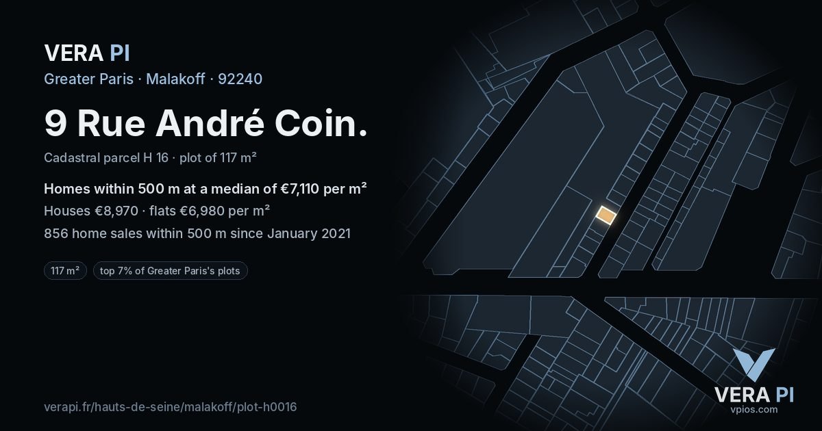 9 Rue André Coin, Malakoff at night – the plot lit, the parcels around coloured by the prices near them
