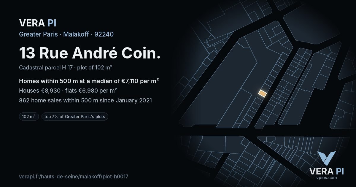 13 Rue André Coin, Malakoff at night – the plot lit, the parcels around coloured by the prices near them