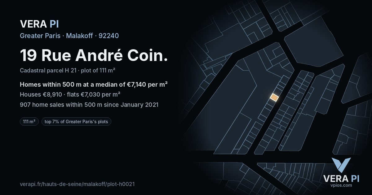 19 Rue André Coin, Malakoff at night – the plot lit, the parcels around coloured by the prices near them
