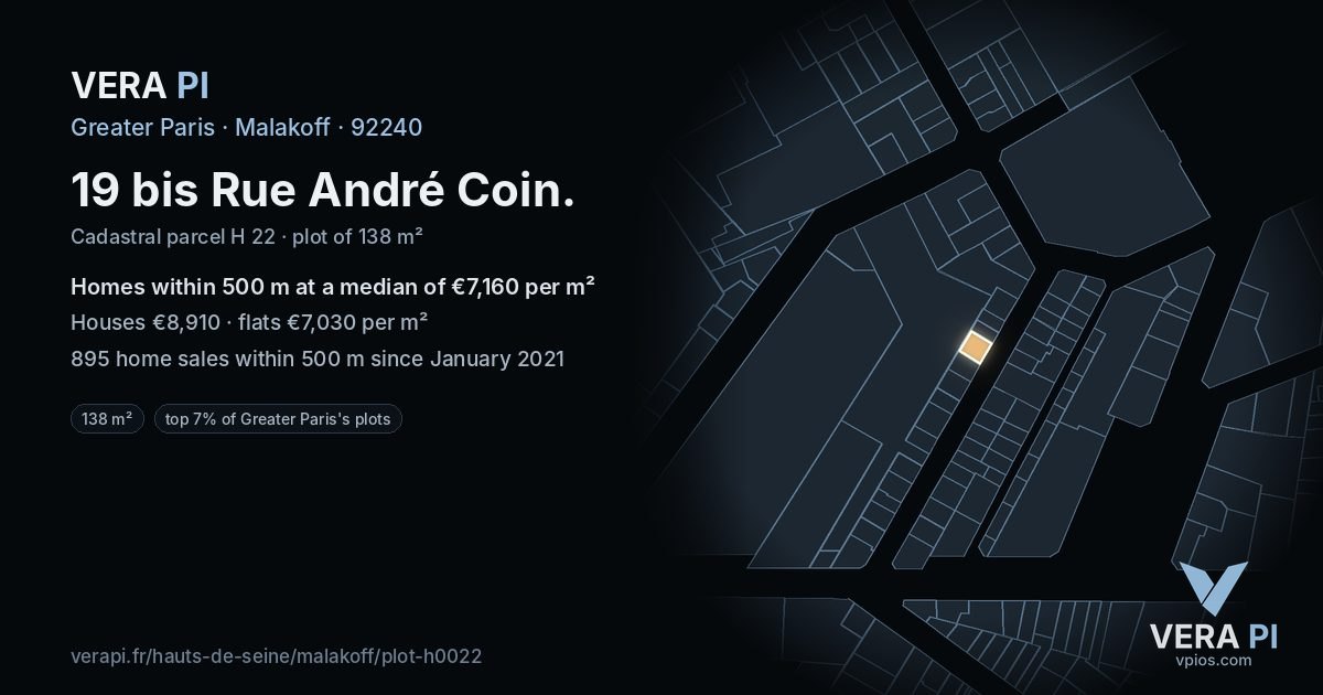 19 bis Rue André Coin, Malakoff at night – the plot lit, the parcels around coloured by the prices near them