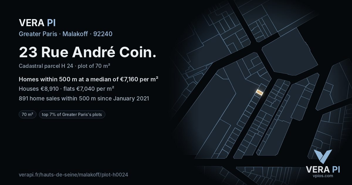 23 Rue André Coin, Malakoff at night – the plot lit, the parcels around coloured by the prices near them