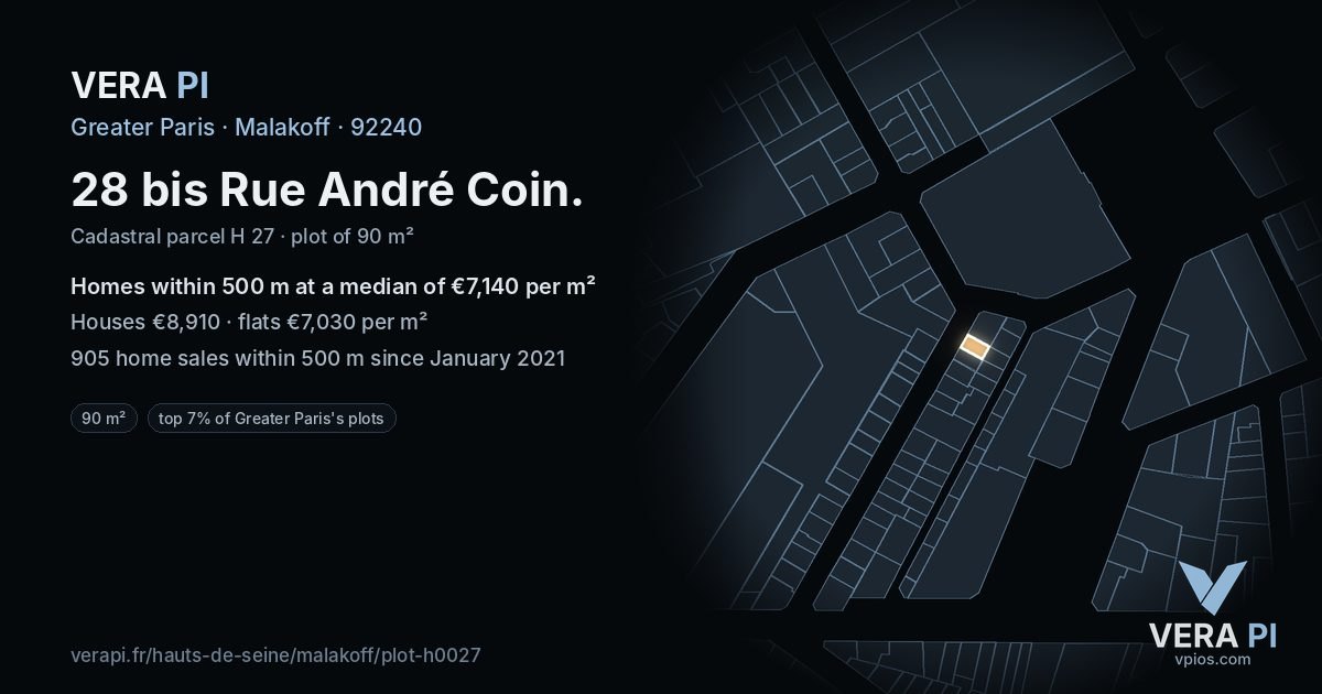 28 bis Rue André Coin, Malakoff at night – the plot lit, the parcels around coloured by the prices near them