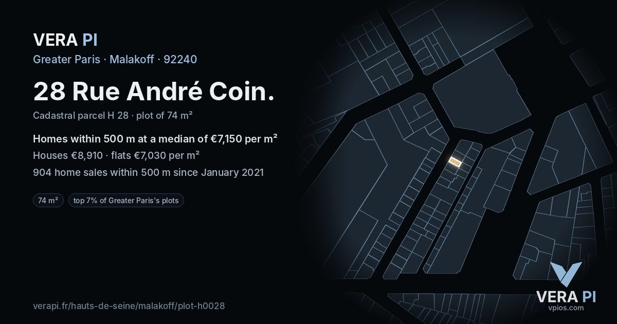 28 Rue André Coin, Malakoff at night – the plot lit, the parcels around coloured by the prices near them