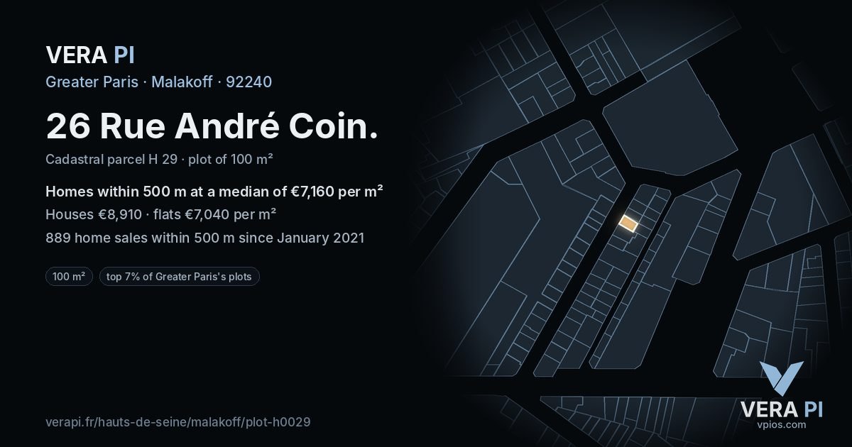 26 Rue André Coin, Malakoff at night – the plot lit, the parcels around coloured by the prices near them