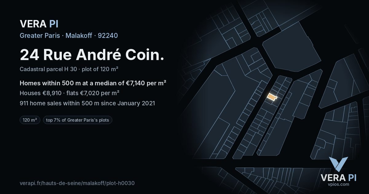 24 Rue André Coin, Malakoff at night – the plot lit, the parcels around coloured by the prices near them